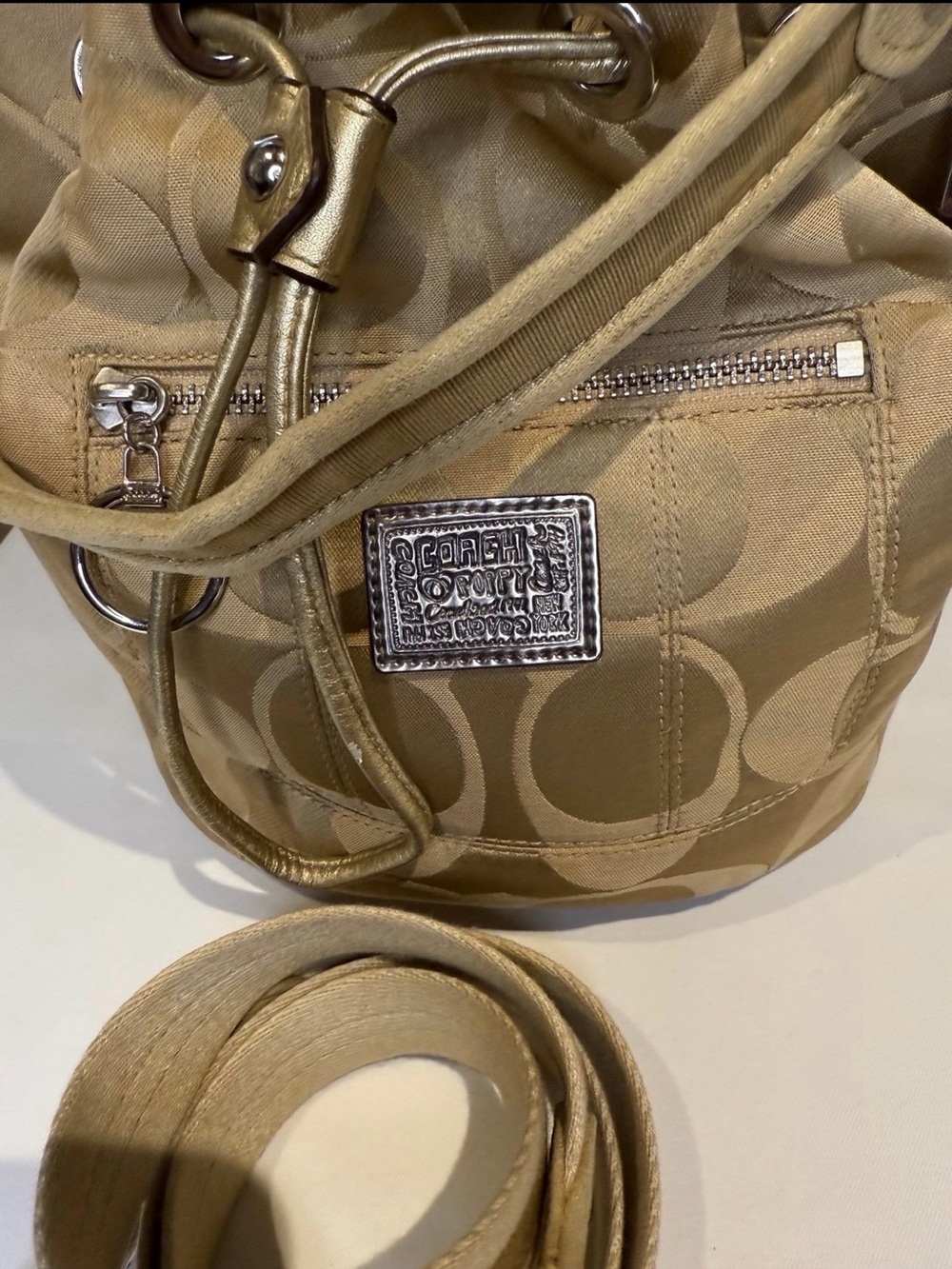 Coach Metallic Gold Signature Drawstring Bucket Bag
